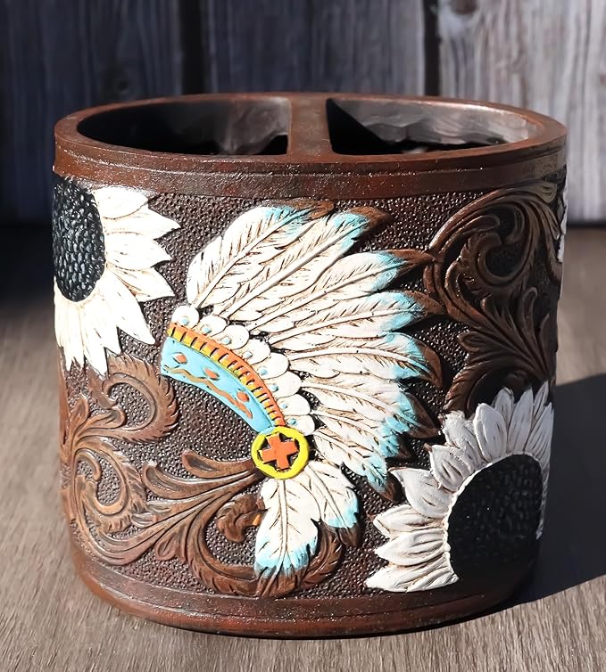 Ebros Gift Southwestern Native American Indian Chief Headdress Eagle Feathers with Scrollwork Toothbrush and Toothpaste Holder Bathroom Vanity Accent Decor Accessories