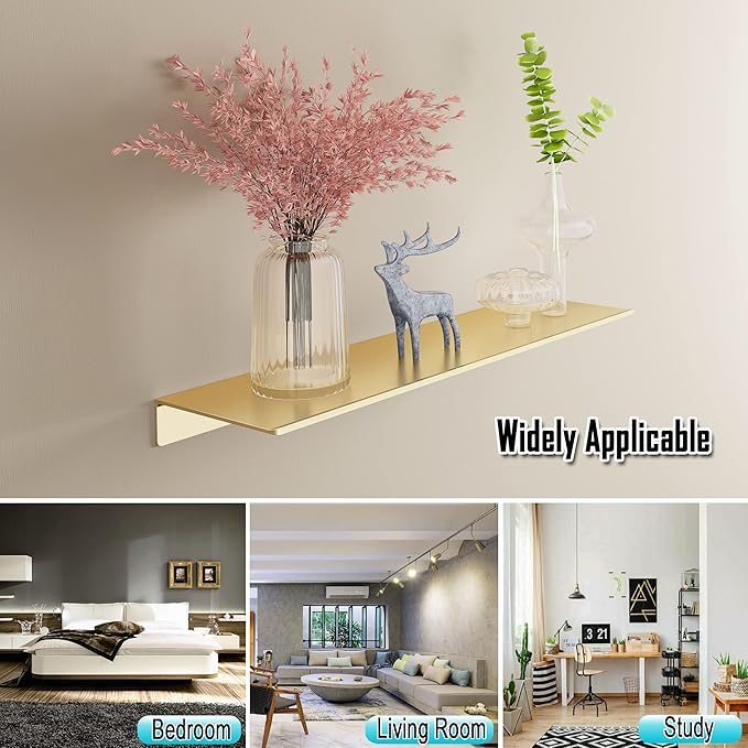 Metal Floating Shelves, Set of 2, Brushed Gold Wall Shelves Picture Ledge, Shower Caddy Wall Mounted, Decorative Display Shelf for Bedroom, Living Room, Bathroom, Office