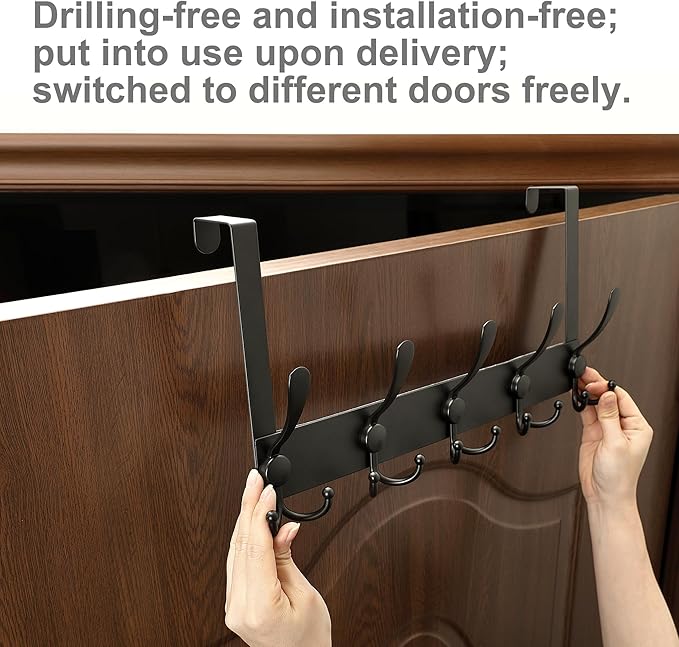 No Drill, No Installation Over The Door Coat Rack with 15 Hooks - Door Hanger Organizer for Towels, Coats, Hats | Bathroom, Bedroom, Closet Storage Solution