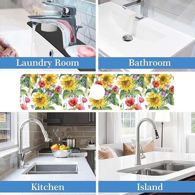 Faucet Mat for Kitchen Sink Sunflower Cornflower Poppy Barley, Soft Diatom Mud Material, Strong Water Absorption, Non-slip, Easy to Clean for Bathroom, Kitchen 23.5"X5.5"