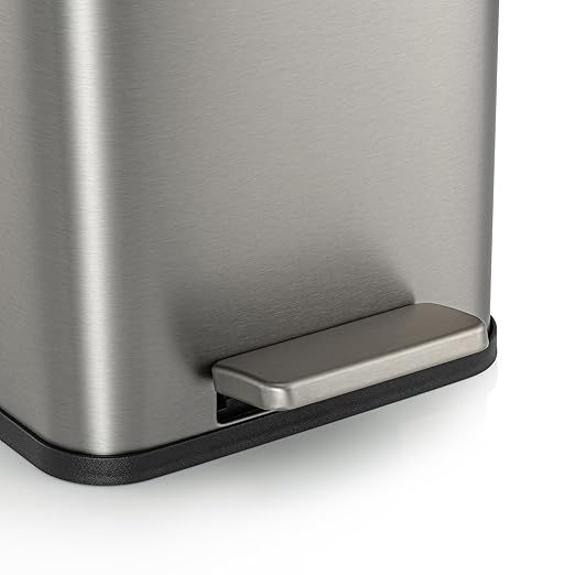 RED FACTOR Slim 2.6 Gallon Stainless Steel Pedal Trash Can with Soft Close Lid for Narrow Spaces – Wastebasket Bin with Removable Inner Bucket for Bathroom, Kitchen, Bedroom or Office (Metallic Gray)