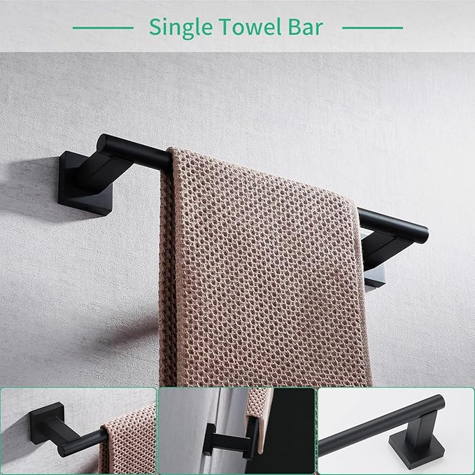 Miyili Matte Black 4-Piece Bathroom Hardware Kit Set Stainless Steel Wall Mount - Includes Double Towel Bar, Hand Towel Rack, Toilet Paper Holder, Robe Hook, BS02B4