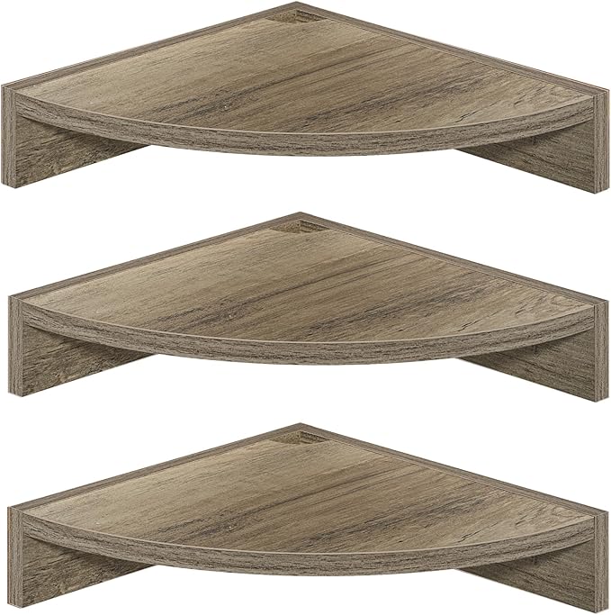 Fun Memories Corner Shelf Wall Mount, Wood Floating Corner Shelves,Corner Wall Shelf for Bedroom, Bathroom, Kitchen, Living Room (Grey, 3 Pack)