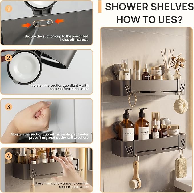 2-Tier 304 Stainless Steel Suction Cup Square Shower Caddy, Rustproof No Drilling Bathroom Square Storage Shelf