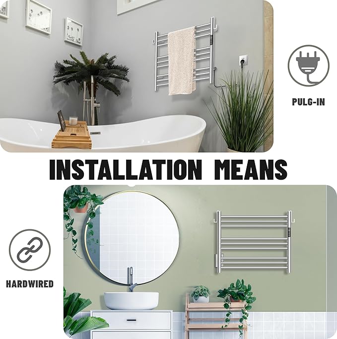 K&KALONZO Towel Warmer for Bathroom, Wall-Mounted 9-Bar Heated Towel Rack with Built-in Timer, Waterproof Electric Towel Heater, Support Plug-in and Hardwired, Brushed, EL13S