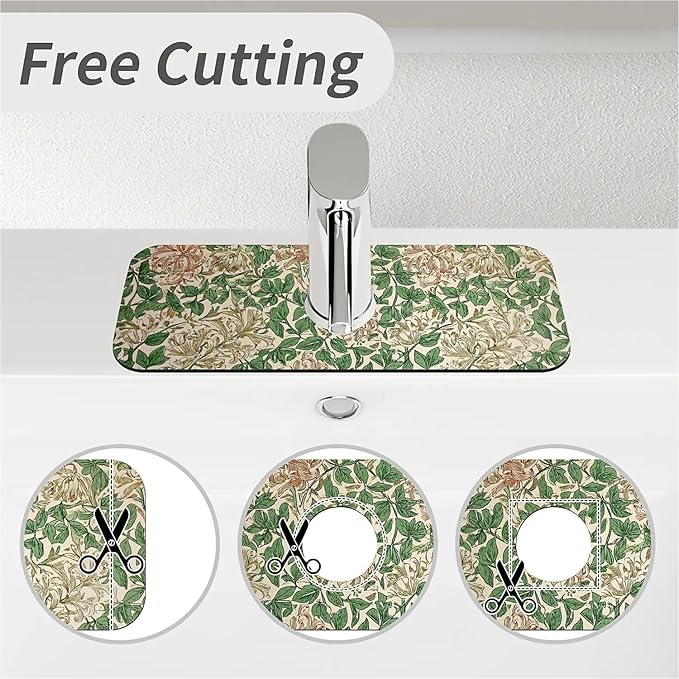 Kitchen Sink Splash Guard，Retro honeysuckle flower Faucet Mat Sink Gadgets-Super Absorbent Fast Drying Mat Drip Catcher for Kitchen, Bathroom,Sink Mat, Dish Drying Mat, Bathroom(15" X 5.5" )