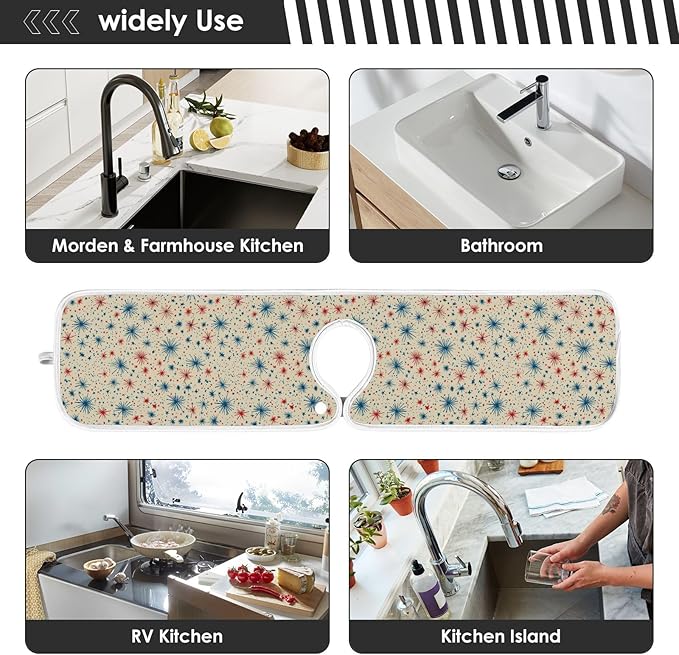 2 PCS Kitchen Sink Splash Guard 30 Inch Faucet Mat for Kitchen Sink Bathroom Sink Faucet Absorbing Drip Drain Mat Pad Microfiber Soft Washable Beige Patriotic Flags Fireworks
