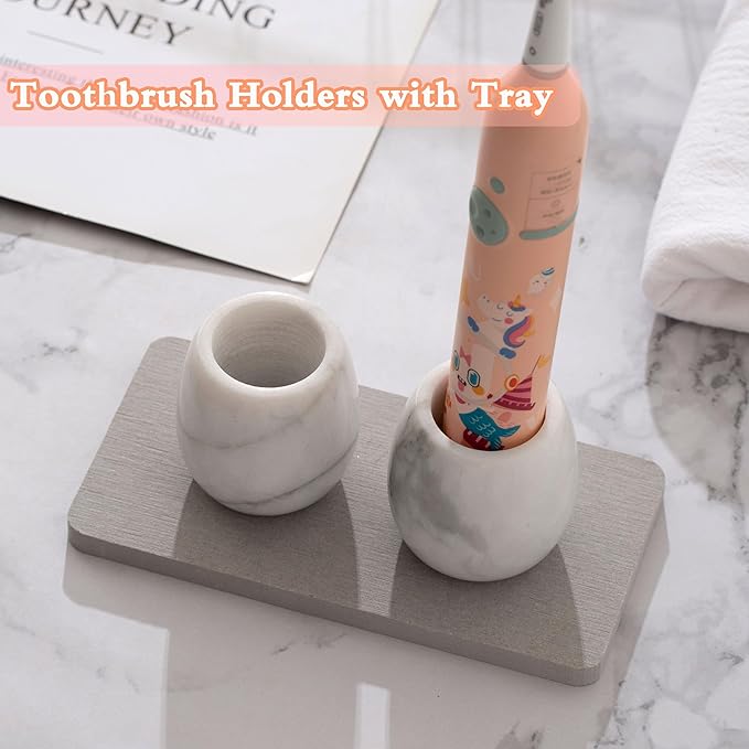 Electric Toothbrush Holder, Toothbrush Holders Travel Set with Tray and Bag, 2 Pcs Marble Electric Toothbrush Holder for Bathroom (White)