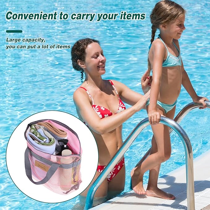 KALIONE Mesh Shower Caddy Bag, Portable Gym Shower Bag, Quick Dry Hanging Toiletry and Bath Organizer with Zipper for College Dorm, Gym, Yoga, Swimming Pool, Travel(Pink)