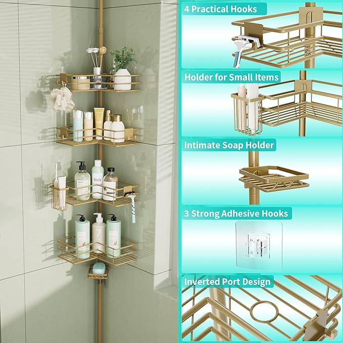 HapiRm Corner Shower Caddy Organizer - Shower Organizer Corner with Soap Holder, Toothbrush Holder and 4 Hooks, Rustproof Bathroom Shelf Tension Pole Available for 27.6 to 108.3 Inch - Gold