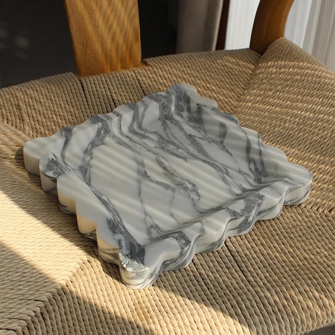 Natural Luxury Marble Tray with Scalloped Edge, Handmade Square Decorative Tray, Catch All Tray for Counter, Dresser, Nightstand and Home Décor