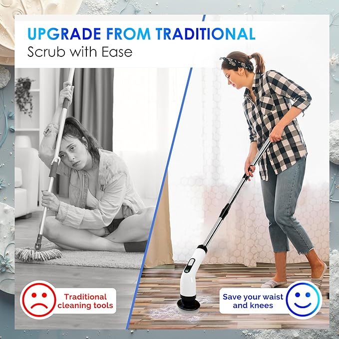 Electric Spin Scrubber for Cleaning, Cordless Power Scrubber with Long Handle, 10 Replaceable Brush Heads, 2-Speed, IPX7 Waterproof for Bathroom, Shower, Tub, Tile & Kitchen