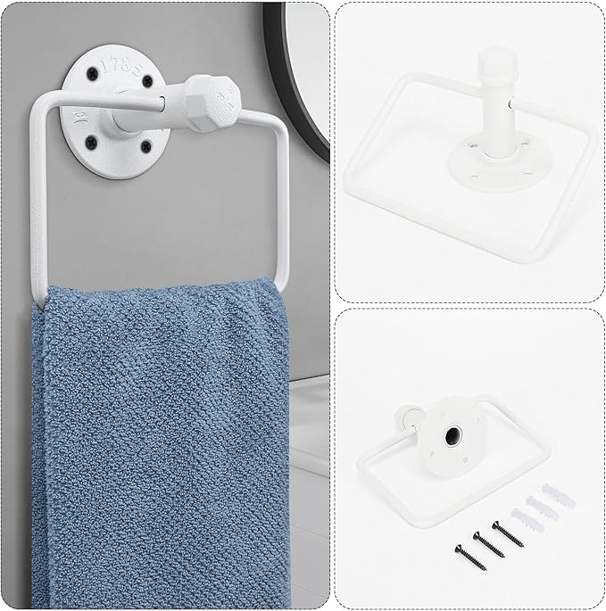 4-Pieces Industrial Pipe Bathroom Towel Ring Kit DIY Wall Mount Accessories Kit Includes Robe Hook Towel Bar and Towel Ring (White 16 inch)