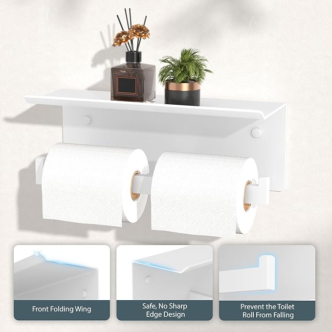 FORIOUS Toilet Paper Holder with Shelf, 304 Stainless Steel Wall Mount Commercial Toilet Paper Dispenser, Double Tissue Roll Holder for Bathroom (White)