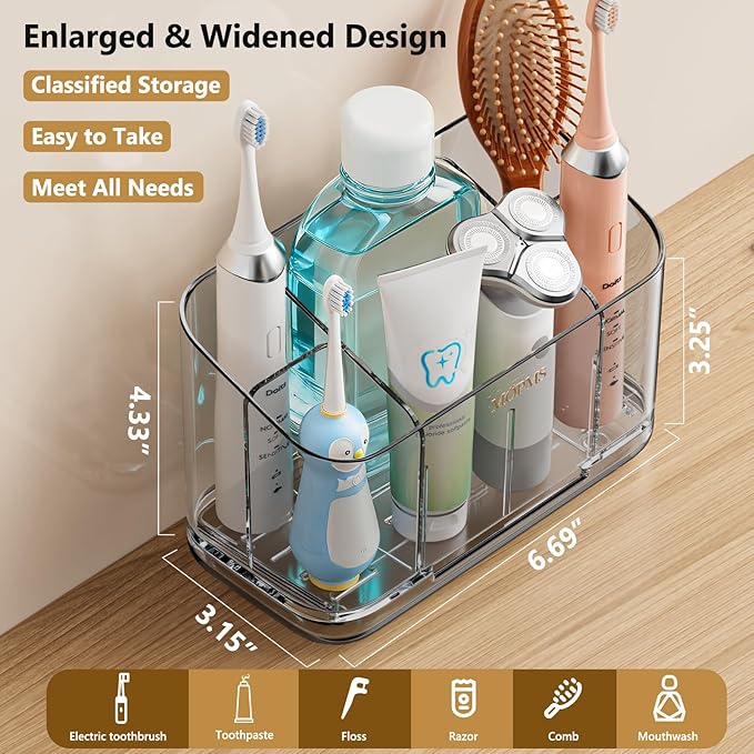 Toothbrush Holders for Bathrooms, 5 Slots Electric Toothbrush Holder Wall Mounted with Adjustable Divider, Detachable Bathroom Countertop Organizer with Drain Tray for Shower/Kitchen/Office