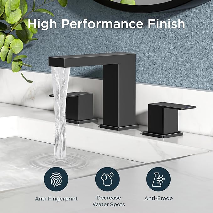 FORIOUS Waterfall Black Bathroom Faucet 3 Hole, 8 Inch Widespread Matte Black Waterfall Faucet for Bathroom Sink 3 Hole with Metal Pop-Up Drain and Supply Lines for Restroom, Lavatory, Vanity