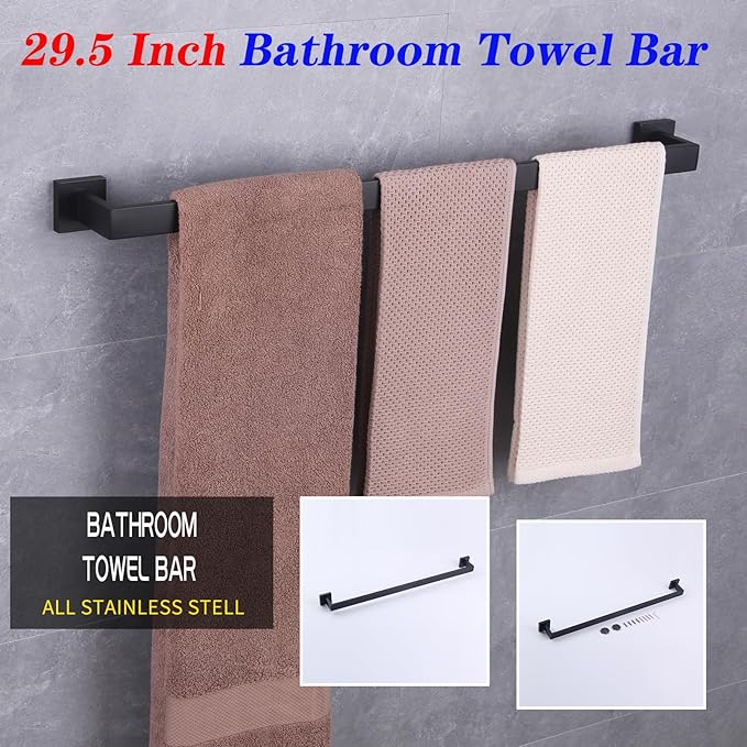 GERZWY 30-Inch Bath Towel Bar Modern Square Style Bathroom Towel Bar SUS 304 Stainless Steel Wall Mount Matte Black FG160175-BK