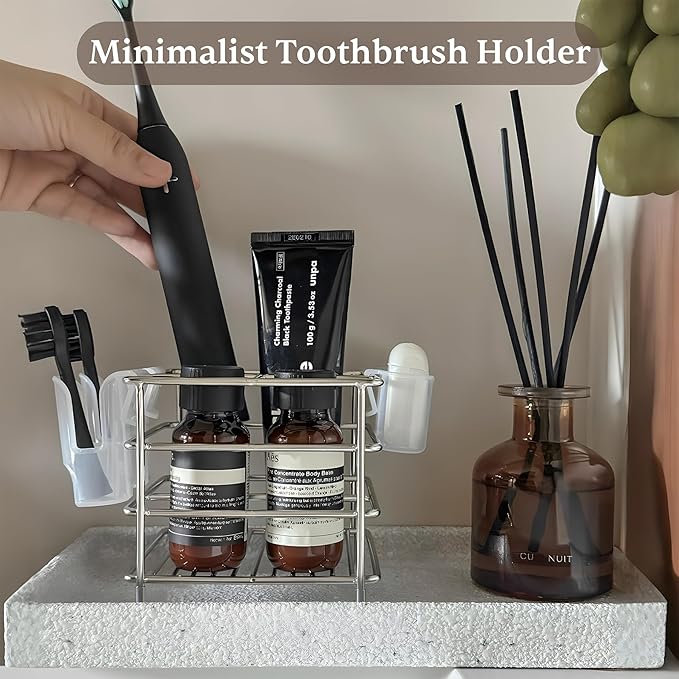 T.R.Sani. Electric Toothbrush Holders for Bathrooms, Stainless Steel Tooth Brush Holder and Kids Toothpaste Holder with 3 Slots, Miltipurpose Organizer for Shower, Vanity, Office Desk - Silver