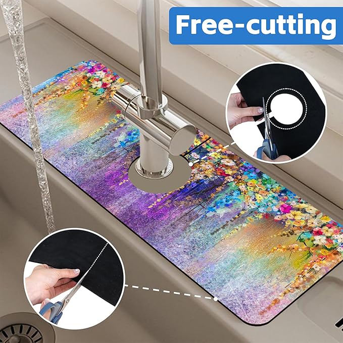 Abstract Watercolor Flowers Dish Drying Mat for Kitchen Sink Splash Guard Behind Faucet Sink Mat Absorbent Fast Drying Faucet Draining Mat for Bathroom Kitchen 5.5"×15"