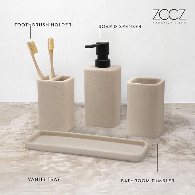 ZCCZ Black Bathroom Accessory Sets, 4 Pieces Bathroom Accessories Complete Set Vanity Countertop Accessory Set Marble Look, Includes Lotion Dispenser Soap Pump, Tumbler, Toothbrush Holder and Tray