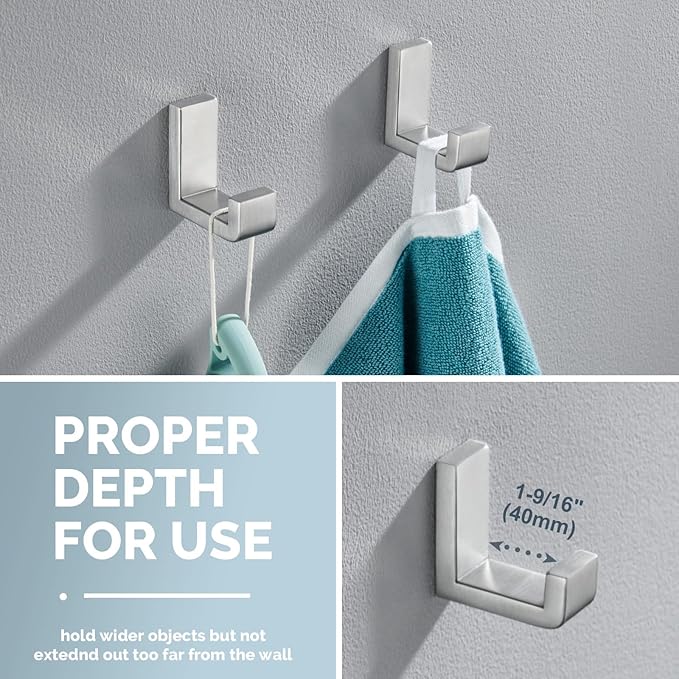 Angle Simple Bathroom Towel Hooks, SUS 304 Stainless Steel Compact Robe Coat Hooks for Wall, Brushed Nickel, 2 Pack