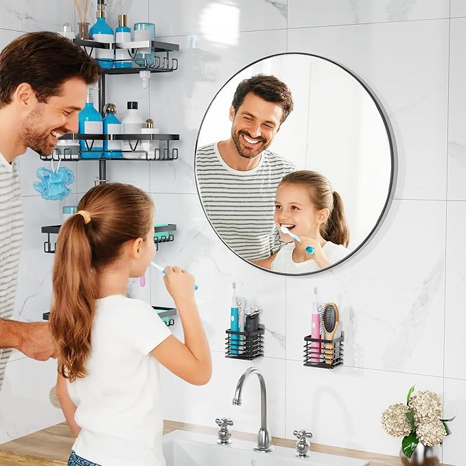 KEGII Set of 2 Wall Mount Toothbrush Holders with Tension Pole Shower Caddy, Rustproof Bathroom Organizer with Soap Holder & Hooks, 4 Adjustable Shower Shelves for Renters, 25-114.2 inch Black