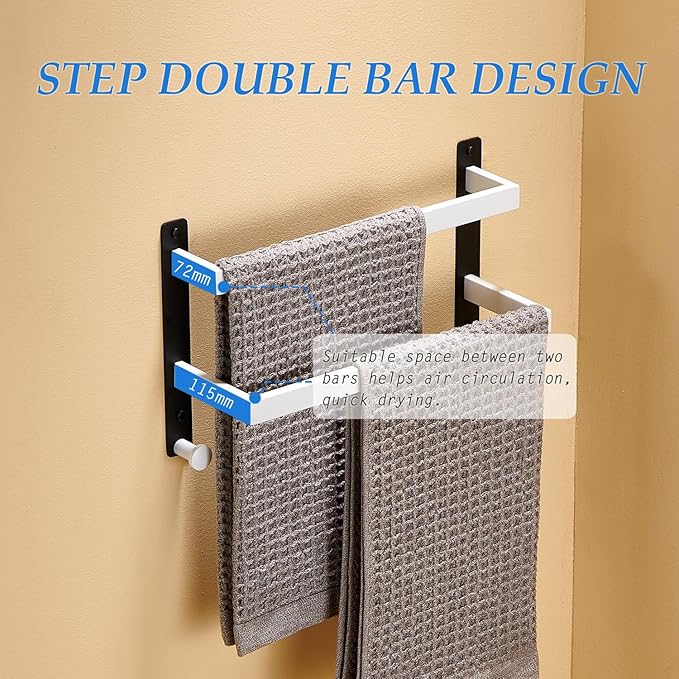 Bath Double Towel Bars with Hooks, 16 Inch Stainless Steel Towel Rail, Wall Mount Towel Rack for Bathroom Lavatory, White & Black