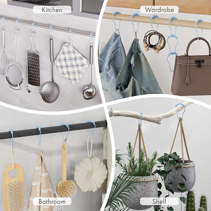 Amazer Shower Curtain Hooks, Decorative Shower Curtain Hooks Rust-Resistant Stainless Steel Glide Shower Hooks for Bathroom Set of 12, Light Blue