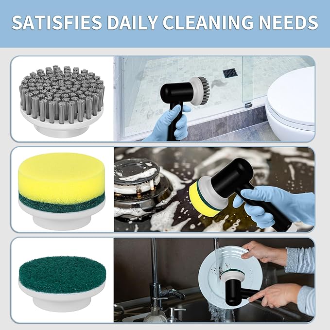 Electric Spin Scrubber, Cordless Shower Scrubber with 3 Replaceable Brushes, Waterproof Power Scrubber for Cleaning Bathroom, Kitchen, Floor, Rechargeable Electric Scrubber for Cleaning, Deep Black