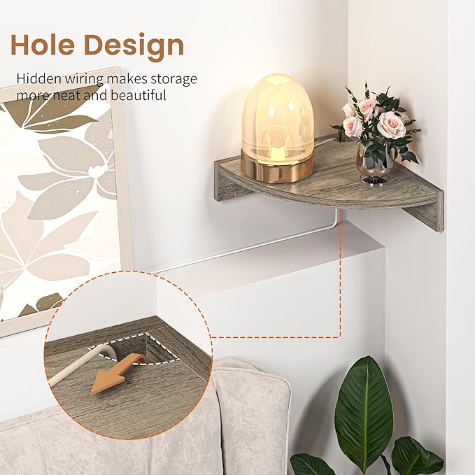 Fun Memories Corner Shelf Wall Mount, Wood Floating Corner Shelves,Corner Wall Shelf for Bedroom, Bathroom, Kitchen, Living Room (Grey, 3 Pack)