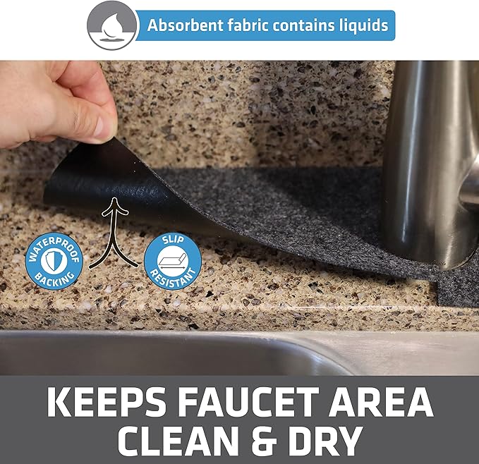 Drymate Faucet Splash Guard Mat for Kitchen & Bathroom Sink, Thin Countertop Drip Protector Drying Pad, Absorbent, Waterproof, Washable (USA Made) (18" W x 4.33" L x 0.13" H With Pre-Cut 2.5" Hole)
