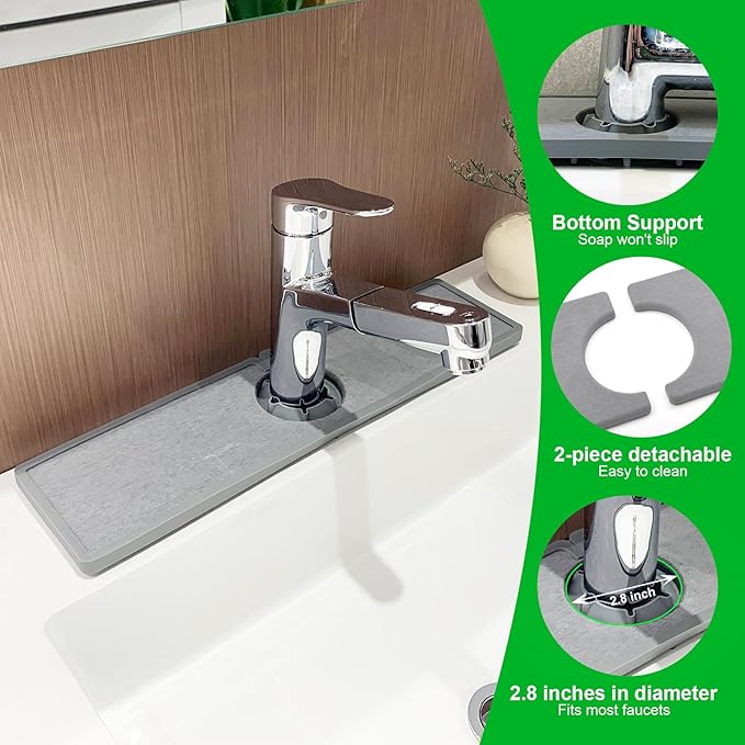 Gosmol Faucet Mat - Silicone & Stone Drying Mat, Water Absorbing Stone Tray - Prevents Moisture Buildup - Sink Splash Guard - Grey