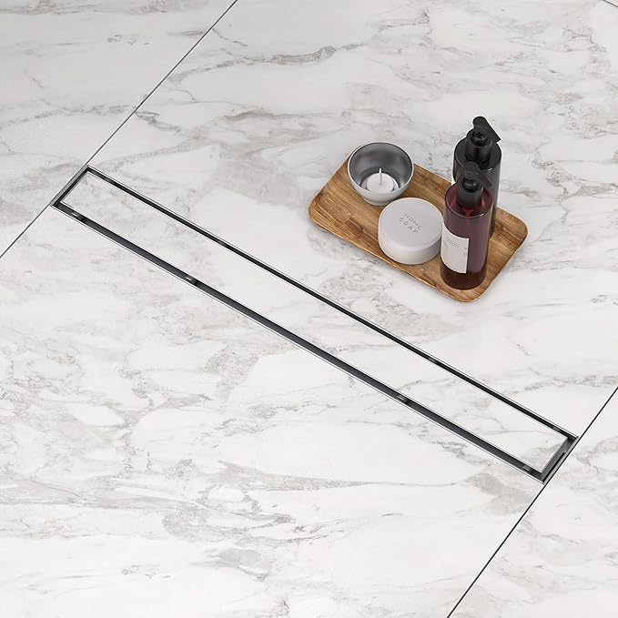 Linear Shower Drain. 24 Inch Shower Trench Drain with 2-in-1 Flat Cover & Inser Cover,304 Stainless Rectangle Steel Shower Floor Drain with Hair Strainer and Leveling Feet (Brushed Nickel, 24 in)