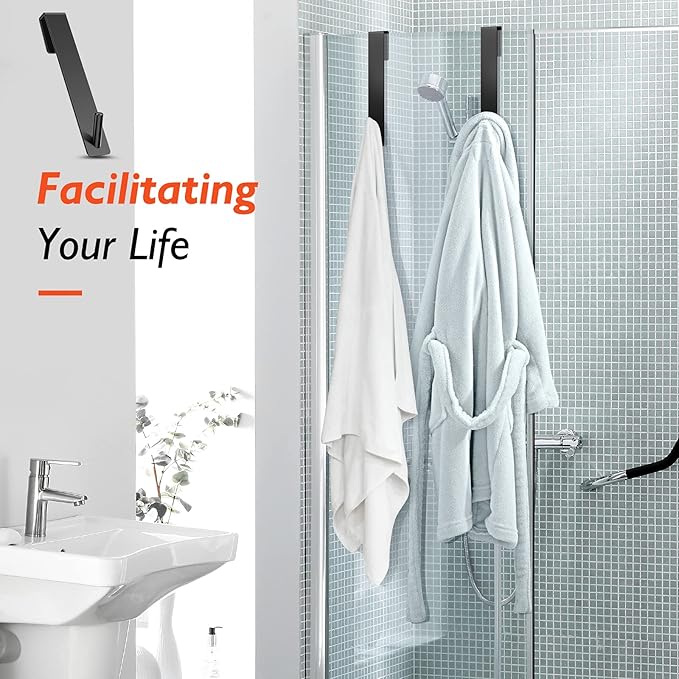 Shower Door Hooks(7.5 Inch),Extended Over Door Hooks for Bathroom Frameless Glass Shower Door,Stainless Steel Towel Hooks,Heavy Duty Rack Hooks for Robe,Towel-3 Pack-Black