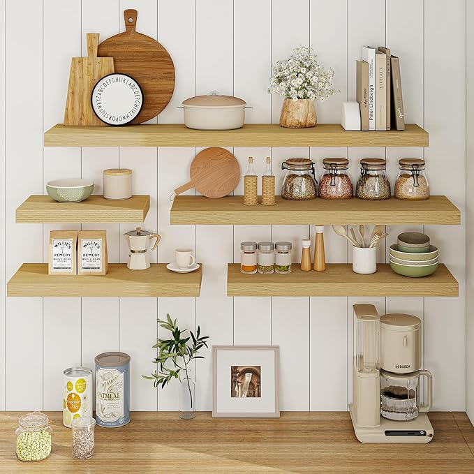 Fun Memories Floating Shelves 32 Inch Long, 9.3Inch Deep Floating Shelves for Wall, Extra Deeper & Thicker Wall Mounted Storage Shelf for Kitchen, Farmhouse, Oak, 2 Pack