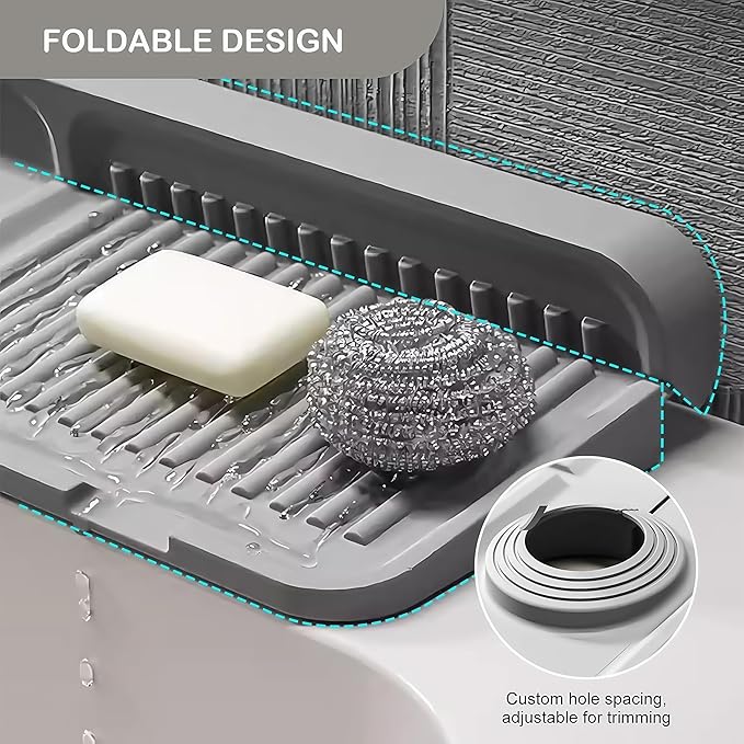 Faucet Mat for Kitchen Sink - 2024 Premium Upgrade: Enhanced Silicone Splash Guard with Rapid Drying & Dish Soap Sponge Holder, Perfect for Stone Sinks in Kitchen & Bathroom (Gray, 1 PCS)