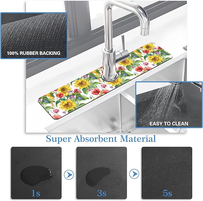 Faucet Mat for Kitchen Sink Sunflower Cornflower Poppy Barley, Soft Diatom Mud Material, Strong Water Absorption, Non-slip, Easy to Clean for Bathroom, Kitchen 23.5"X5.5"