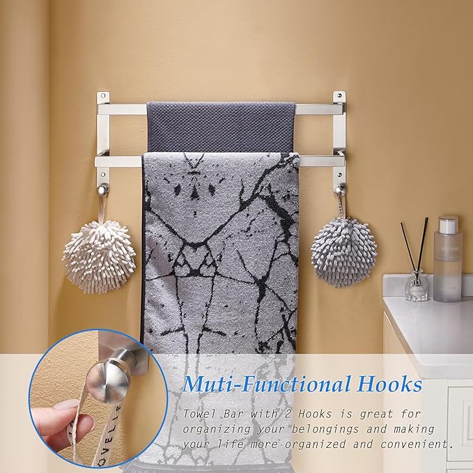 Bath Double Towel Bars with Hooks, 24 Inch Brushed Stainless Steel Towel Rail, Wall Mount Towel Rack for Bathroom Lavatory