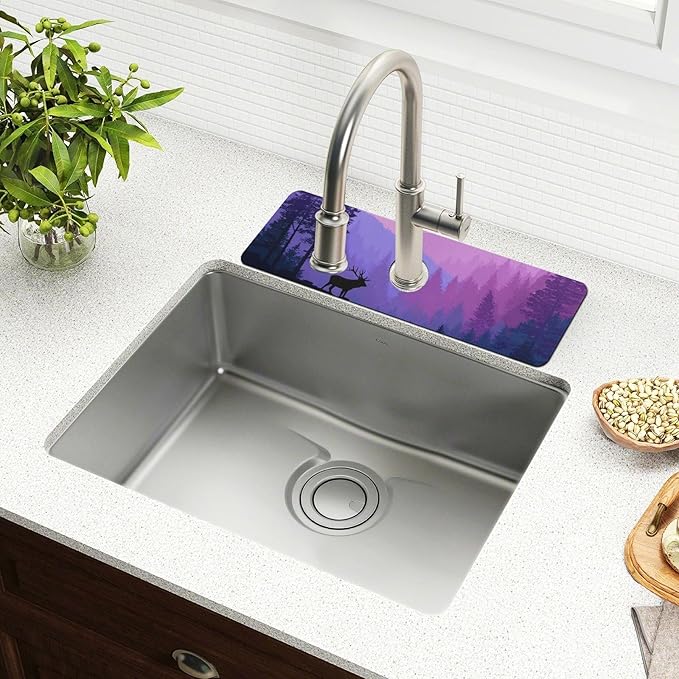 Kitchen Sink Splash Guard 2 PCS 14.7 Inch Sink Faucet Mat Splash Guard for Bathroom Countertop Water Absorbent Foldable Cuttable Soft Washable Purple Stag Mountains and Forest