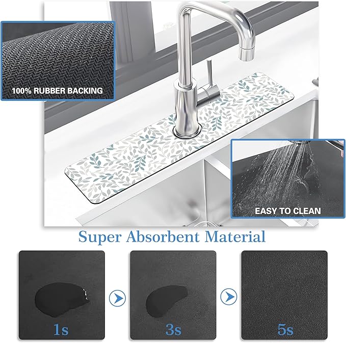 Grey Blue Leave Branche Faucet Mat for Kitchen Sink Botanical Flower, Soft Diatom Mud Material, Strong Water Absorption, Non-slip, Easy to Clean for Bathroom, Kitchen 23.5"X5.5"