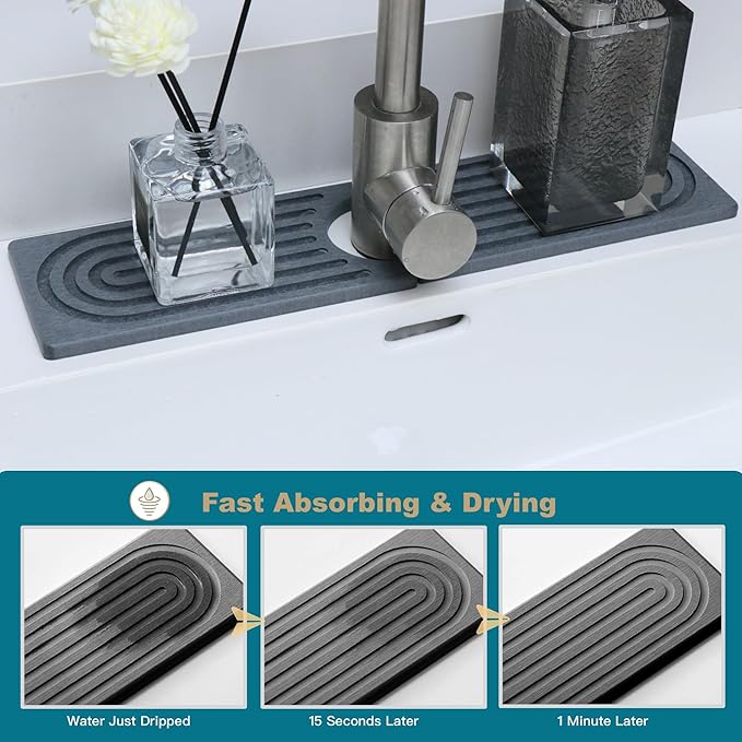 Faucet Mat for Kitchen Sink, Stone Drying Mat for Kitchen Counter, Stone Mat Bathroom, Kitchen Mat, Sink Mat, Water Absorbing Stone Tray for Sink, Bathroom Stone Mat (DARK GREY, 15.8*4")
