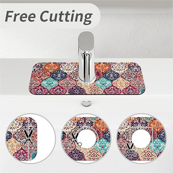 Kitchen Sink Splash Guard，Moroccan tiles Faucet Mat Sink Gadgets-Super Absorbent Fast Drying Mat Drip Catcher for Kitchen, Bathroom,Sink Mat, Dish Drying Mat, Bathroom(15" X 5.5" )