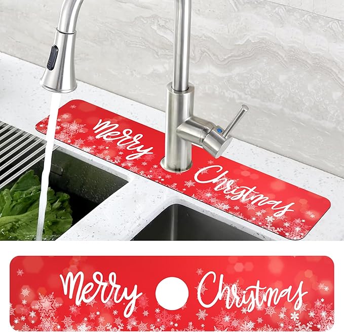 Merry Christmas Snowflake Kitchen Sink Splash Guard Mat Absorbent Fast Drying Mat Faucet Draining Mat Sink Splash Guard Behind Faucet Drip Catcher for Kitchen Bathroom 5.5"×24"