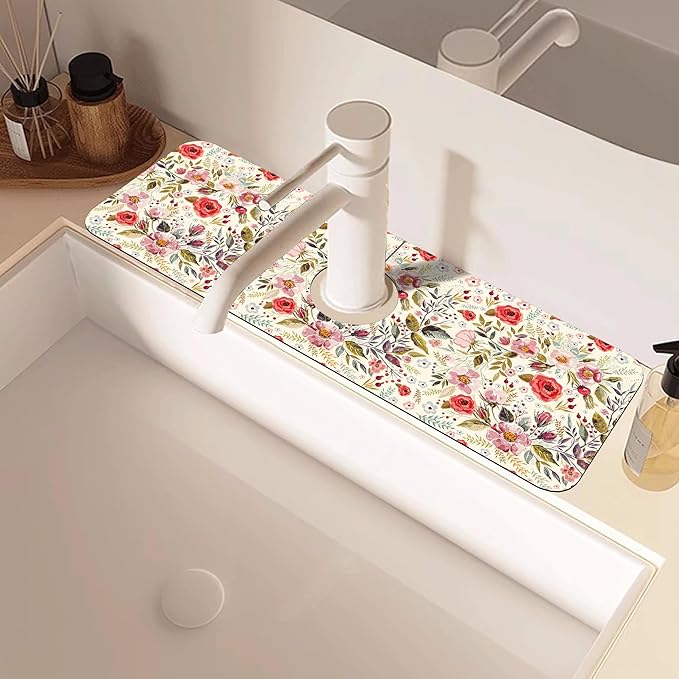 Abstract Red Pink Floral Dish Drying Mat for Kitchen Sink Splash Guard Behind Faucet Sink Mat Absorbent Fast Drying Faucet Draining Mat for Bathroom Kitchen 5.5"×15"