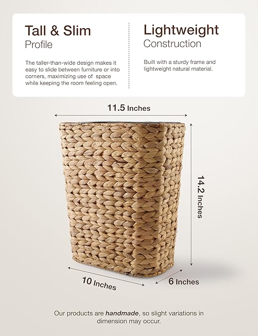 4 GALLONS Wicker Waste Basket - Wicker Trash Can with Lid - Water Hyacinth Bathroom Garbage Can with a Lid - Bathroom Trash Can Boho Style - Removable Liner, Iron Frame (Natural, 4 Gallons)
