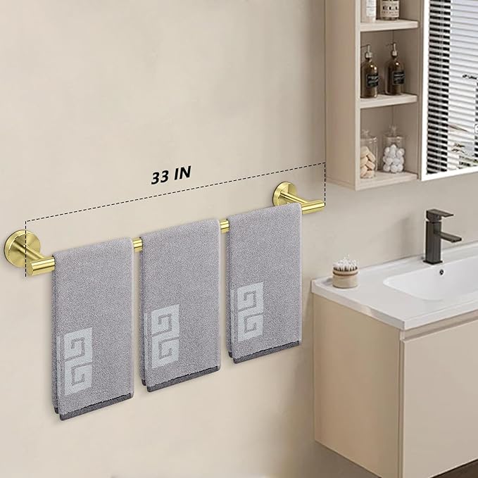 NearMoon Bath Towel Bar, Thicken Stainless Steel Shower Towel Rack Holder Wall Mounted for Bathroom, 33-lnch Overall Length-30-lnch Usable Hanging Space (1 Pack, Brushed Gold)