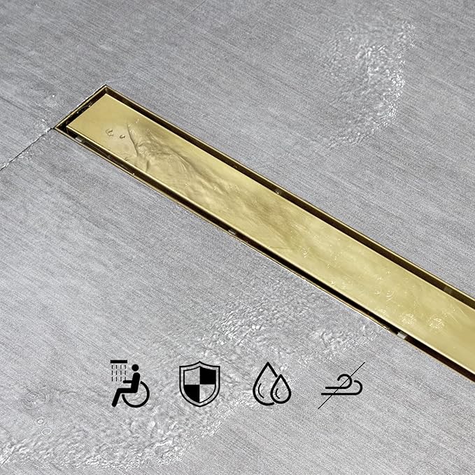 SaniteModar Gold Linear Shower Drain 40 inch with Invisible 2 in 1 Tile Insert Panel, 304 Stainless Steel Brushed Gold Linear Drain with Hair Strainer and Leveling Feet
