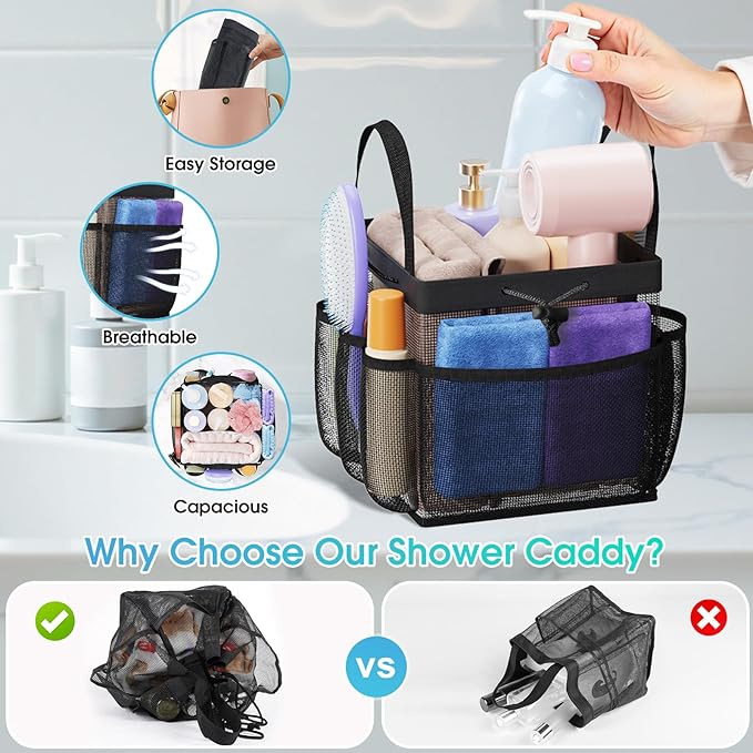 Large Mesh Shower Caddy Portable with Drawstring, 1 Main Compartment+ 7 Pockets, College Dorm Room Essentials for Girls, Shower Organizer Hanging Bag for Beach, Swim, Gym, Travel(Black)