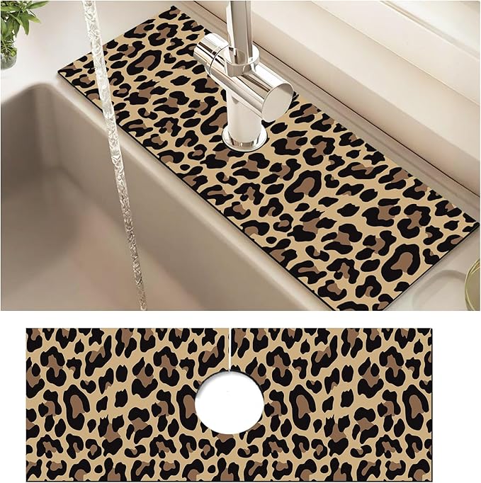 Absorbent Splash Guard Mat for Kitchen Sink, 15×5.5 Inch Cute Fast Drying Drip Catcher Behind Faucet Mat, Non-Slip, Washable Sink Mat Gadgets for Bathroom, Kitchen, Bar Brown Leopard