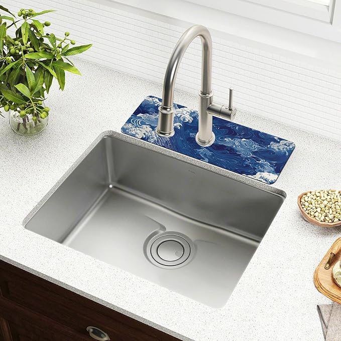 Kitchen Sink Splash Guard 1 PC 30 Inch Sink Faucet Mat Splash Guard for Bathroom Countertop Water Absorbent Foldable Cuttable Soft Washable Blue Ocean Waves